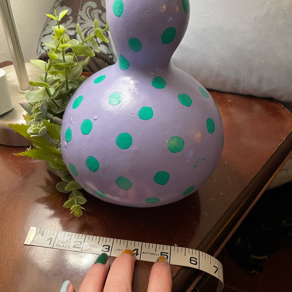 Hand crafted painted dried gourd planter purple aqua blue dots faux succulents - Picture 16 of 16
